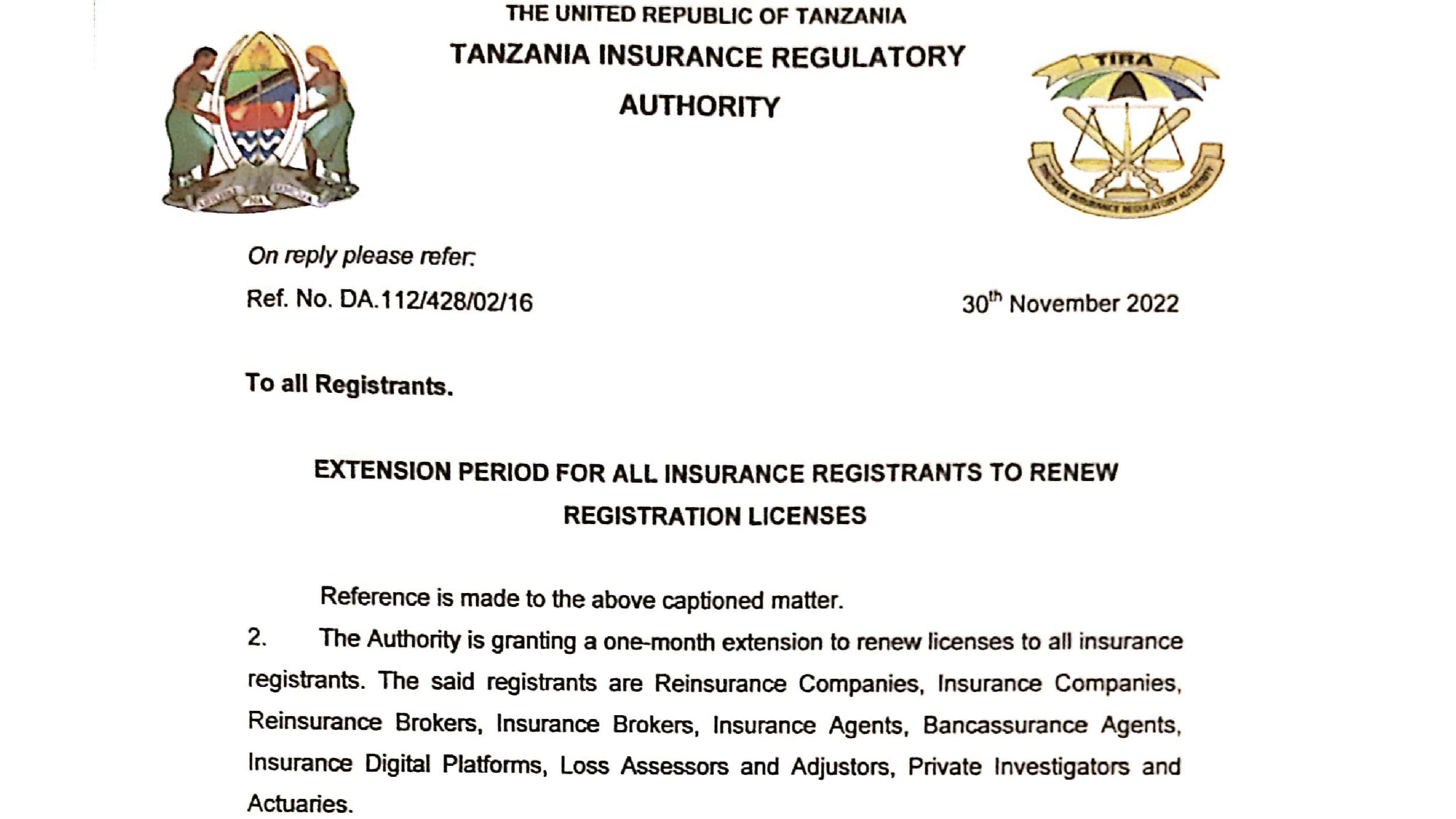 Registration licenses extension period for all Insurance Registrants to Renew