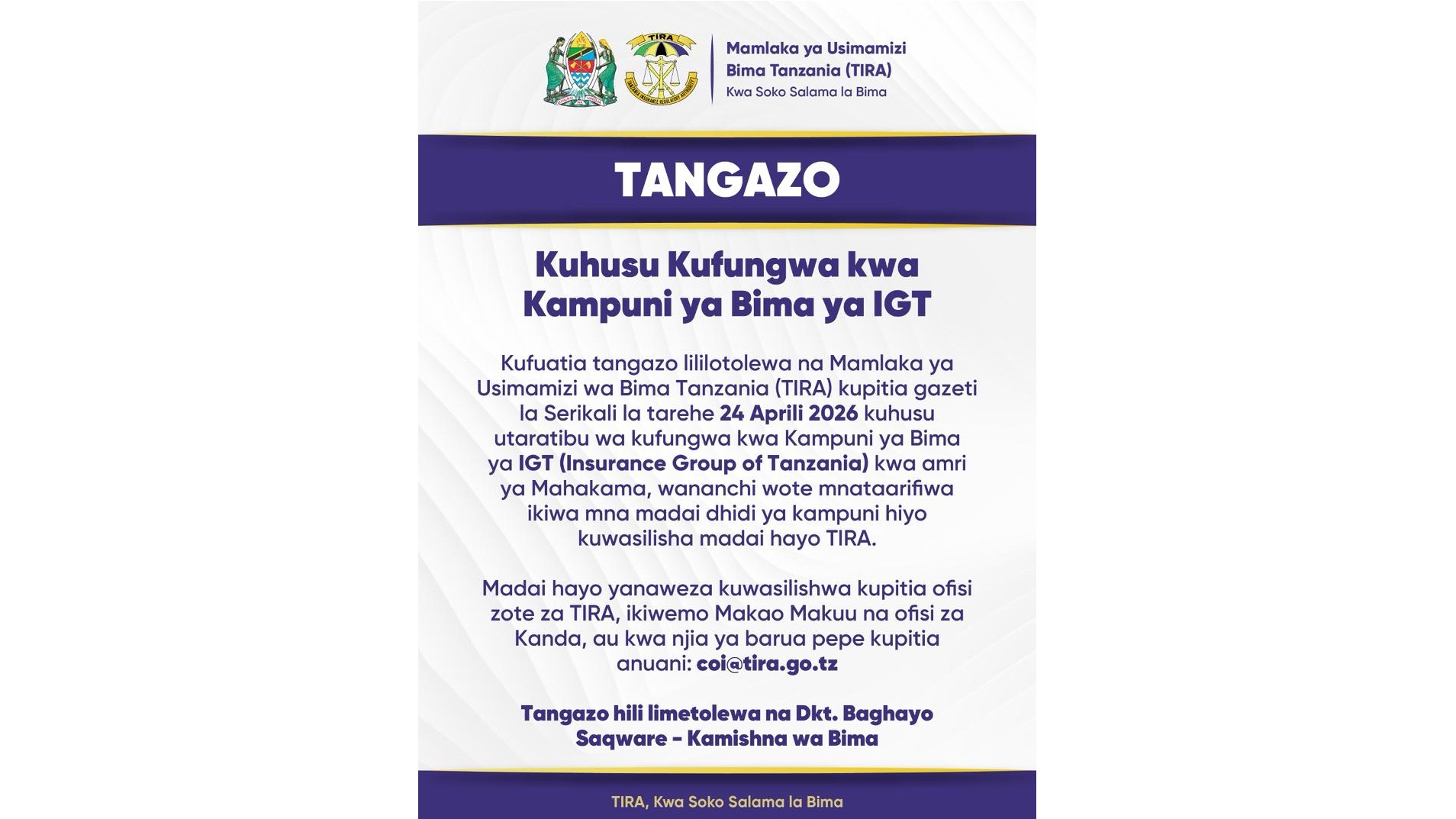 Tangazo kuhusu kufungwa kwa Kampuni ya bima ya IGT - Insurance Group of Tanzania