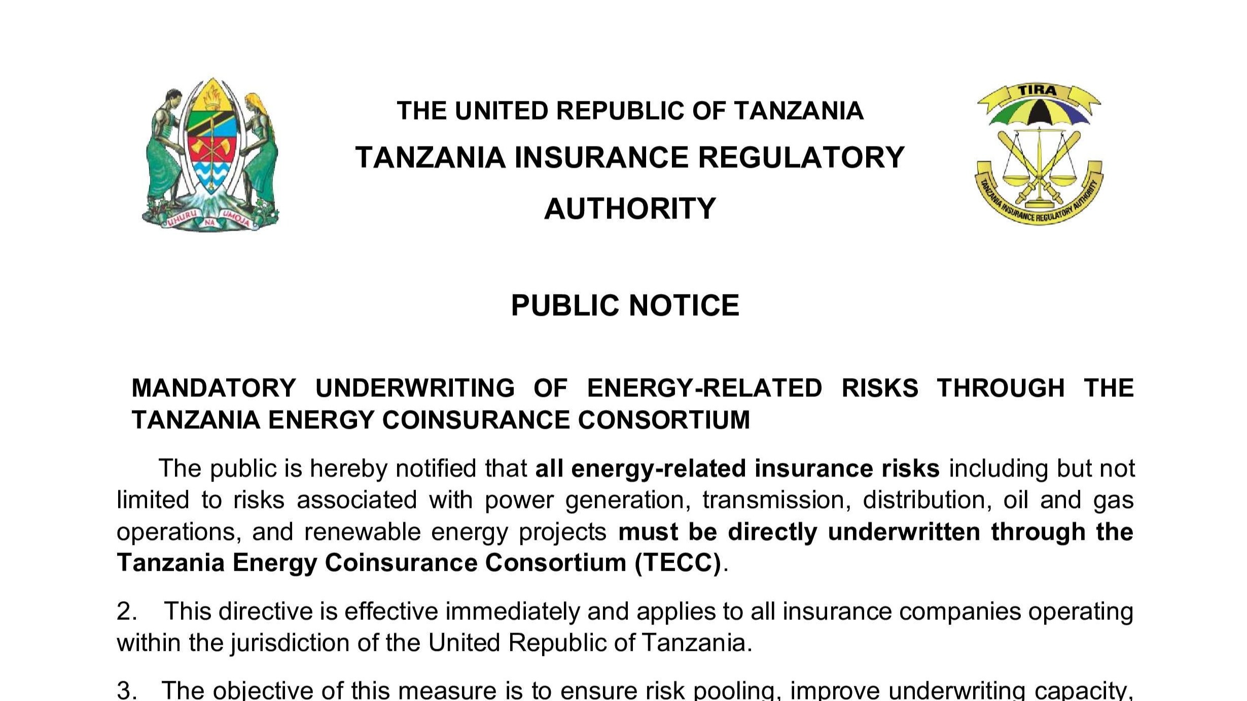 Public Notice - To All Energy - Related Insurance Risk